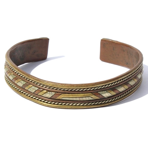 Vintage Mixed Metal Cuff Bracelet Copper Brass Silver Tone Tri-Tone Unisex - Picture 1 of 4